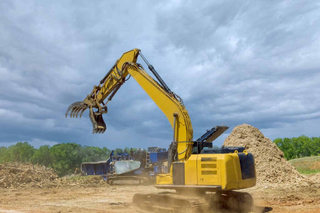 Forestry mulcher in loading roots trees to of industrial shredder machine chopped a wooding