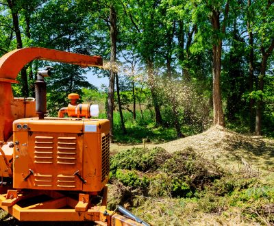 Landscapers using wood Chipper in Action captures a wood chipper or mulcher shooting chips over a Landscapers using wood Chipper in Action captures a wood chipper or mulcher shooting chips over a